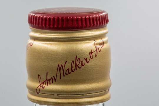 Johnnie Walker Red Label blended Scotch Whisky bottle closeup.