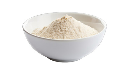 A bowl filled with flour sits on a table, with a pile of flour next to it png