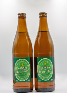 Lwiwske Eksportowe Ukrainian lager beer bottles closeup on white.