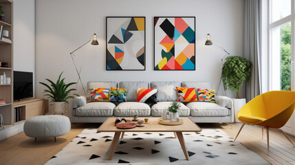 A modern living room with a Scandinavian influence, incorporating pops of color and geometric patterns for a lively and contemporary feel
