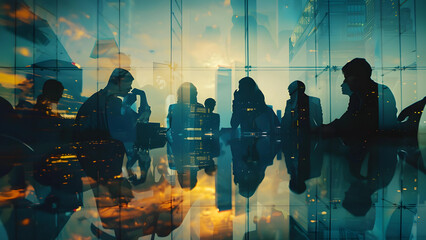 double exposure of Group of Business People Meeting