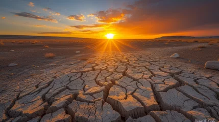 Poster Arid desert landscape with cracked mudflats under a setting sun © Molostock