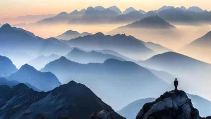 Photo sur Plexiglas Matin avec brouillard hiker on top of the mountain and landscape of mountain