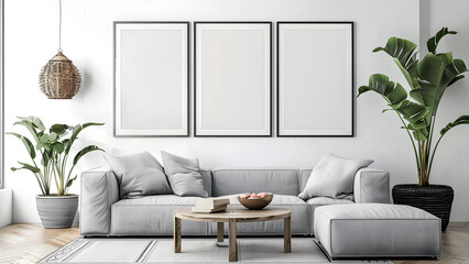 Three frame mockup on the white wall in a living room