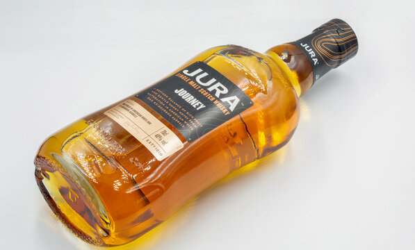 Jura Journey Single Malt Scotch whisky bottle closeup against white.