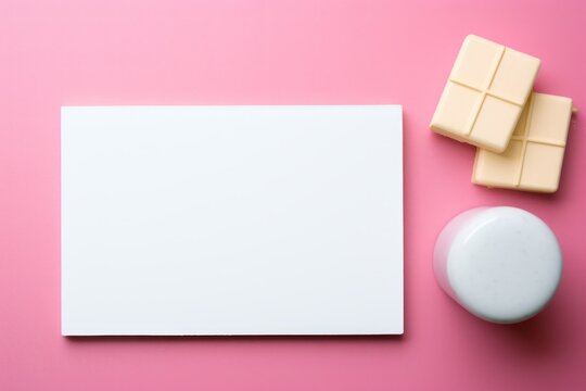 Blank notepad with white chocolate bars and cup on pink background