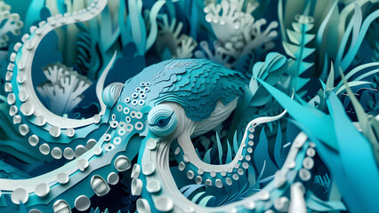 Octopus, paper art style - obrazy, fototapety, plakaty