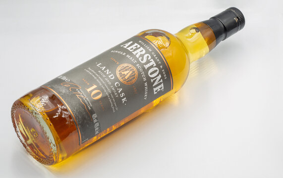 Aerstone Single Malt Scotch whisky closeup against white.