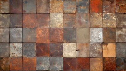 Rusty metal square tiles wall background texture