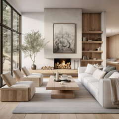 A modern living room with a Scandinavian aesthetic, incorporating natural materials, clean lines, and a neutral color palette for a timeless and elegant atmosphere.