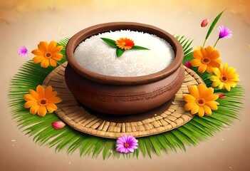 Obraz na płótnie Canvas Happy Pongal Celebration Background With Traditional Dish Rice In Mud Pot and flowers. Pongal Harvest Festival India celebrated by Tamil, Cultural Festival. AI generated