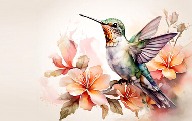 Hummingbird and flowers, watercolor illustration.