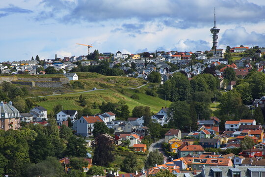 View of Trondheim from Nidaros Cathedral, Trondelag County, Norway, Europe
