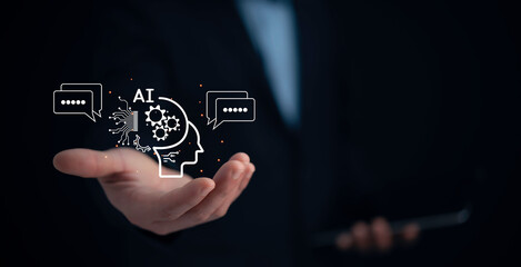 Businessman use of technology smart robot AI , artificial intelligence for Automation, Predictive analytics, Customer service AI-powered chatbot, analyze customer data, business and technology