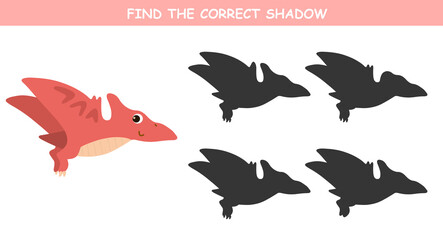 Shadow matching game for kids. Find the correct shadow. Educational game for children. Find and match the right shadow of cute dino. © G.rena