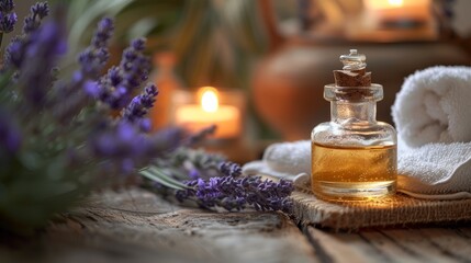 Obraz na płótnie Canvas Aromatherapy with lavender essential oil and flowers