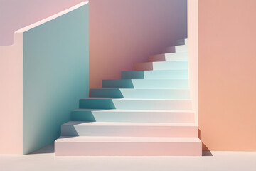 Simple stairs ascend gently against a soft pastel backdrop, minimalist design, no railing, each step casting a delicate shadow. Generative AI