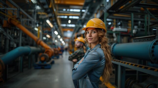 Female engineer and production manager standing in modern industrial factory, production plant with robots and automation.