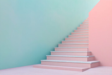 Simple stairs ascend gently against a soft pastel backdrop, minimalist design, no railing, each step casting a delicate shadow. Generative AI
