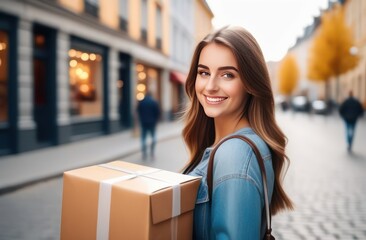 A cute young girl with a smile on her face stands  with paper box in her hands