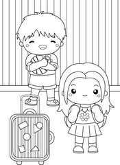 Cute Happy Kids Packing for Holiday Vacation Trip Cartoon Coloring Activity for Kids and Adult