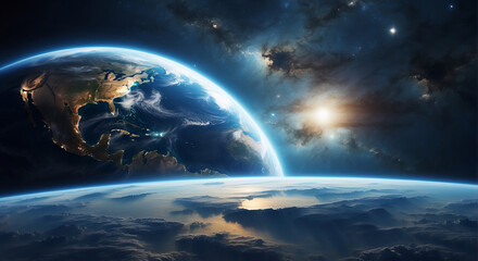 Earth's Surface from Space, Horizon and Weather Conditions Captured in Aerial Perspective. Panoramic view of planet Earth with copy space.