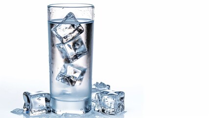 Glass of water with ice cubes on a white background