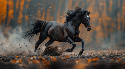 A black Friesian horse was running to the side. It has a long mane and tail. With shiny fur, the horse was running out of the forest and through a field of dirt. dust and floating stones