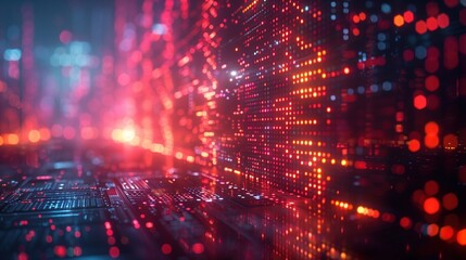 Obraz premium Abstract financial data visualization with glowing lines and graph-like rising and falling bars. on a dark background Real-time financial market activities and trends Visualizing the pulse of the mark