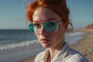 happy young woman with red hair wearing sunglasses walking along the seashore on a sunny day. travel, vacation and tourism concept.