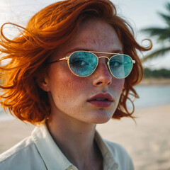 happy young woman with red hair wearing sunglasses walking along the seashore on a sunny day. travel, vacation and tourism concept.