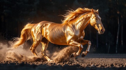 Golden Horse Akhal-Teke was running to the side. It has a long mane and tail. With shiny fur, the horse was running out of the forest and through a field of dirt. dust and floating stones - obrazy, fototapety, plakaty