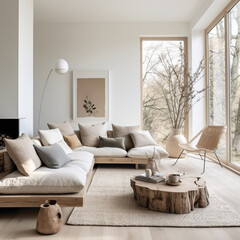 A modern living room with a Scandinavian aesthetic, incorporating natural materials, clean lines, and a neutral color palette for a timeless and elegant atmosphere.