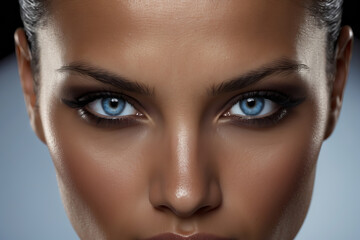 Very beautiful afro woman with blue eyes. Beauty concept. close up portrait of woman. Beautifully Groomed Female Eyes: A Close-Up View of Elegance and Beauty