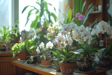 A beautiful arrangement of white and purple orchids in a home