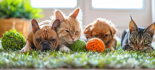 A diverse group of pets, including cats and dogs, lying together on a grass mat, enjoying a relaxed moment.