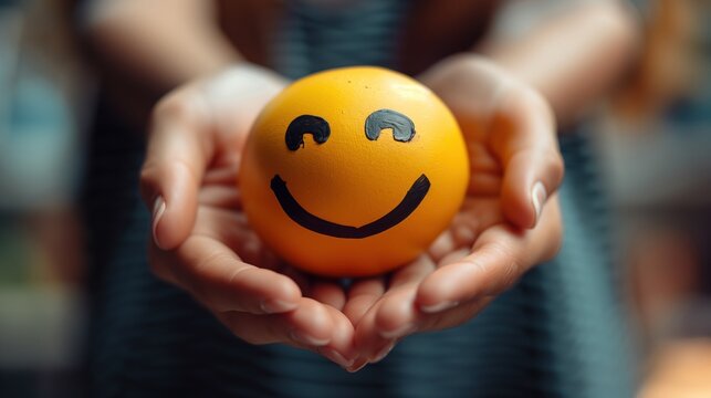 Mobile phone, yellow happy smiley face emoji, mental health, positive thinking and growth mindset. mental health care Restoration to happy emotions