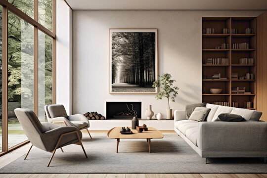 A modern living room with a Scandinavian twist, characterized by clean lines, minimalist furniture, and a focus on functionality and simplicity.