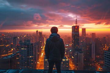 Naklejka premium Man Silhouette Looking at Sunset Cityscape