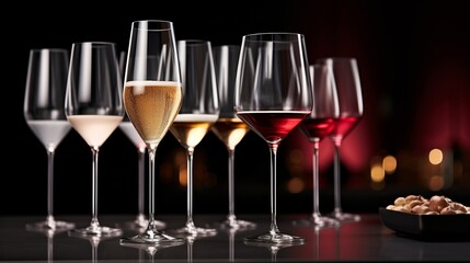 Elegant wine glasses of different shapes and sizes on a dark background with nuts on the side