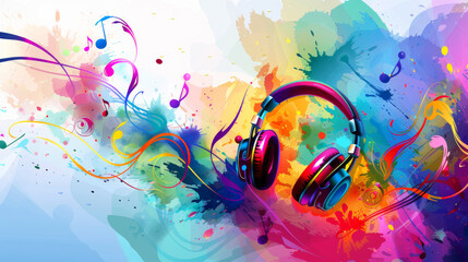 World music day banner with headset headphones on abstract colorful dust background. Music day event and musical instruments colorful design  - obrazy, fototapety, plakaty