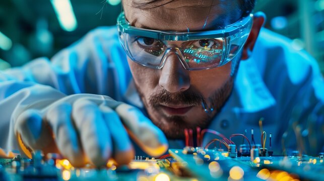 Intense electrical engineer troubleshooting complex circuit board issues in a well-equipped electronics laboratory.