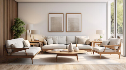 Fototapeta na wymiar A modern living room with a Scandinavian twist, blending mid-century furniture with contemporary design elements for a timeless look