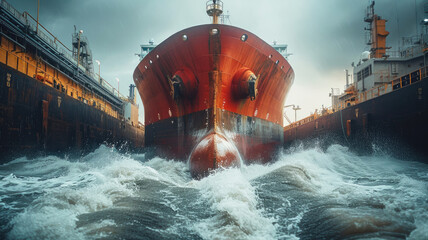 Great movement of water when a large vessel collided after launching. Shipbuilding and industry concept. Ai generated - obrazy, fototapety, plakaty