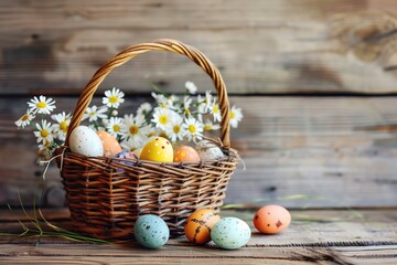 Colorful Easter basket with painted eggs on a wooden rustic table, capturing springtime joy.