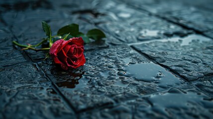The red roses fall on the ground after the rain, carrying a sense of sadness, loneliness, solitude, melancholy, and full of memories