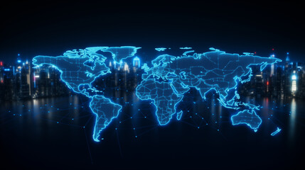 digital world map with blue glowing pixels, internet connected modern tech world, digital data map, futuristic technology background or wallpaper, online data network  - obrazy, fototapety, plakaty