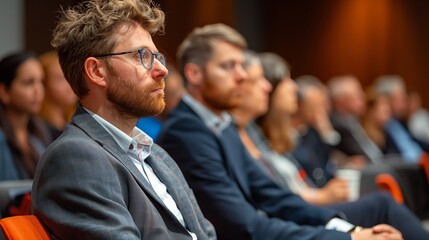 Group of professionals attentively listening at an energy technology conference focused on innovative battery storage solutions. - obrazy, fototapety, plakaty