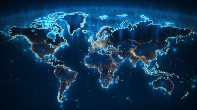 digital world map with blue glowing pixels, internet connected modern tech world, digital data map, futuristic technology background or wallpaper, online data network 