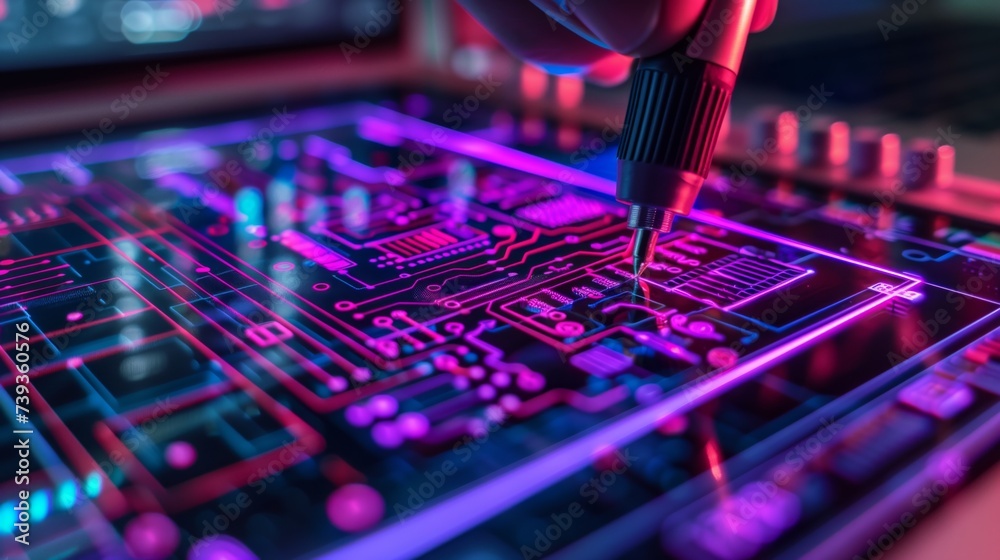 Poster engineer meticulously works on circuit design using a computer with schematic software in a vibrant,